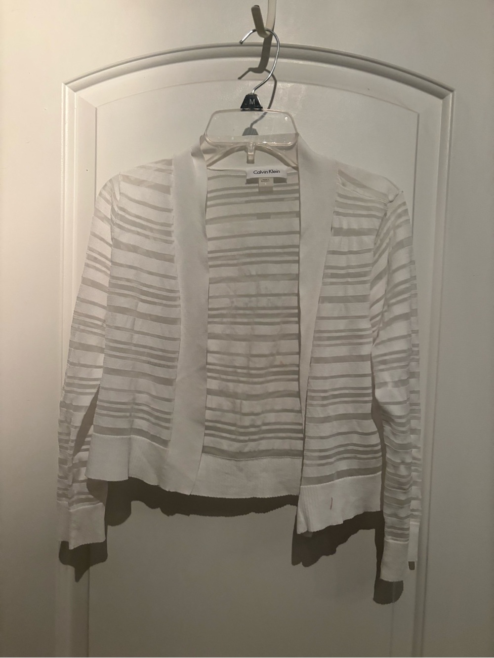 Calvin Klein White Sheer Striped Open-Front Cardigan